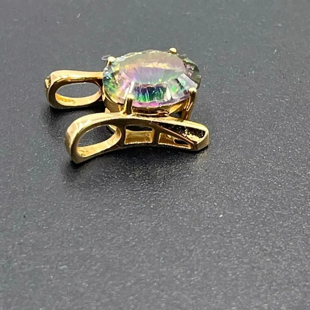 Yellow Gold 14k, 5 Ct Mystic Rainbow Topaz Glowing Gemstone Pendant Slider 3.7gr